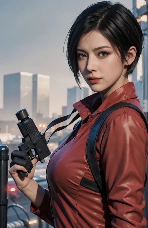 1 beautiful girl，resident evil，realistic skin texture，realistic hair，gun in hand,looking into camera, short hair, black hair, re...