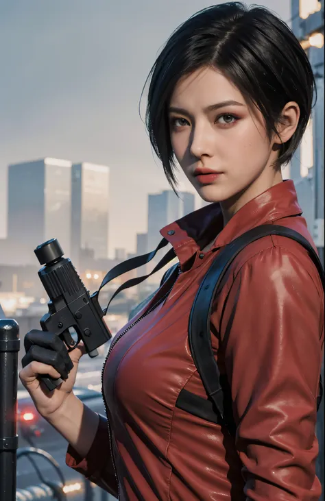 1 beautiful girl，resident evil，actual skin texture，realistic hair，have a gun in hand,looking at camera, short hair, black hair, ...