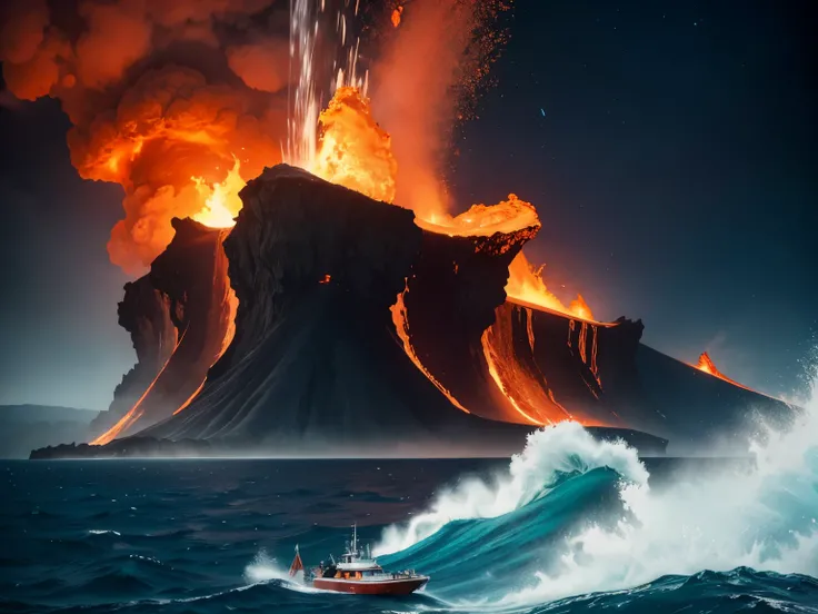 (best quality,4k,highres),aerial view,eruption of submarine volcano,flowing lava pouring into the sea,intense steam,yacht,dramatic scenery,natural disaster,ocean,vivid colors,dangerous situation,adventure,horizon,orange and red hues,magnificent,awe-inspiri...