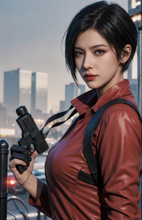 1 beautiful girl，resident evil，realistic skin texture，realistic hair，hair with layers，gun in hand,looking into camera, short hai...