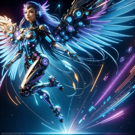(masterpiece, best quality:1.2), Futuristic, mechanical female angel, high-tech machinery, dreamy radiance, full body, female figure, floating mid-air, intricate craftsmanship, masterpiece, glowing, neon lights, high-tech mechanical parts, mechanical finge...