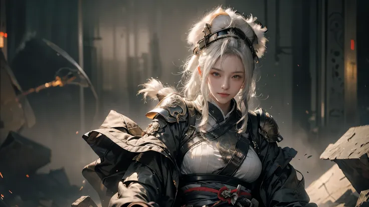 high quality,high resolution,masterpiece,8k,(Hyper-realistic photos),(portrait),digital photography,(Realism:1.4),20 year old girl,Exquisite facial features,Glowing sword,((Cyberpunk style Chinese warrior)),Random hairstyle,(white hair),big breasts,split,(...