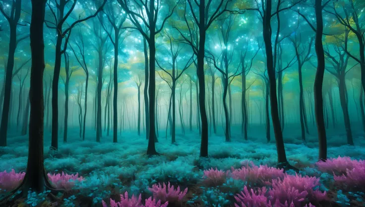 An ethereal alien forest with trees made of shimmering glass, their bioluminescent leaves casting a kaleidoscope of colors on the misty, turquoise ground.