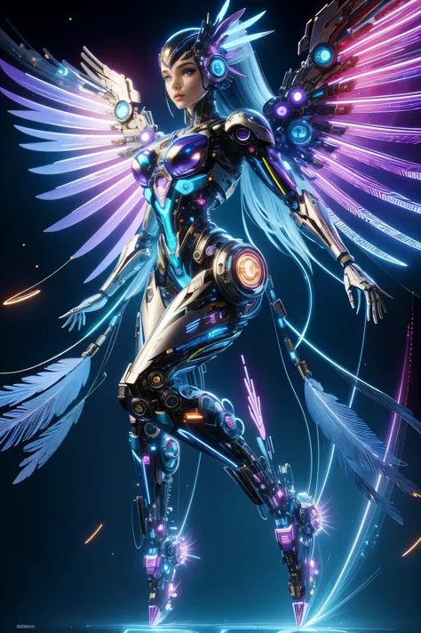 (masterpiece, best quality:1.2), Futuristic, mechanical female angel, high-tech machinery, dreamy radiance, full body, female figure, floating mid-air, intricate craftsmanship, masterpiece, glowing, neon lights, high-tech mechanical parts, mechanical finge...