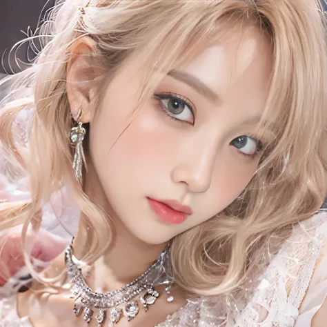 8k）、（best image quality:1.5）、gray background、close up of face、１girl、masterpiece、delicate and sharp eyes、brown eyes、eye power、delicate face、cup、attractive face、platinum blonde hair、Semi-long wave、pink wedding dress、pink wedding dress、I can see the collarbon...