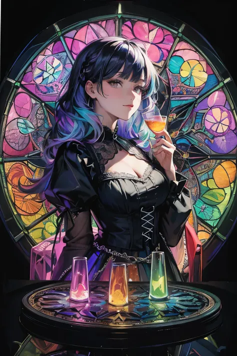 (Masterpiece, Best Quality), 8k,(((highly detailed))), lace:1.8,Super intricate lace pattern,colorful lace pattern,stained glass background, kaleidoscope,light-up,Gothic, 1 woman,(wave hair,neon hair),holography