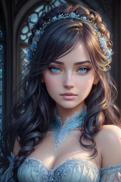 This is realistic (((fantasy))) artwork set in the frozen blue rose garden of an enchanted ice castle in winter and should consist of many shades of cold blue colors. It is snowing heavily. Generate a proud woman with a (((highly detailed face))) dressed i...