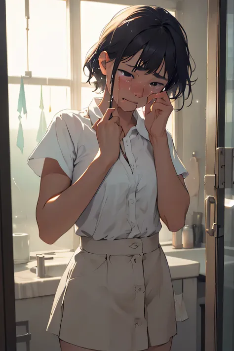 masterpiece, best quality,8k resolution,realistic,, 1 girl, Crying, girl wiping glass