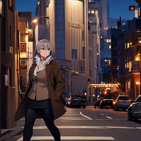 A woman wearing a long brown jacket, blue eyes, gray hair, in the city of Washington at night
