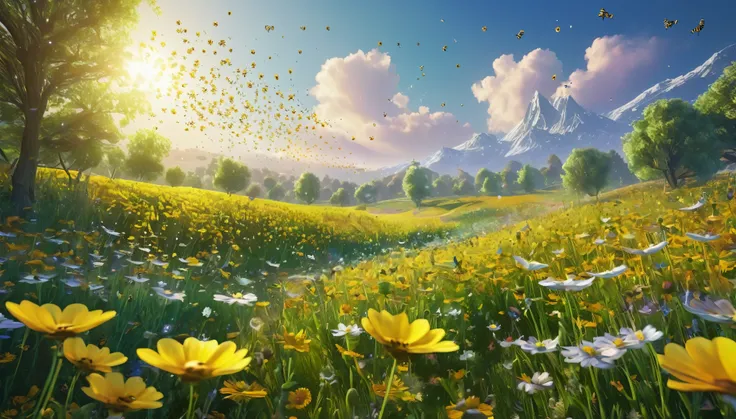 A utopian meadow where android bees pollinate flowers made of hovering digital particles, their petals shifting through vibrant code with each brush of wind.
