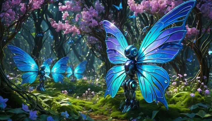 An enchanted glade inhabited by robotic woodland sprites with holographic wings and metallic bodies overgrown with vines of binary blossoms.