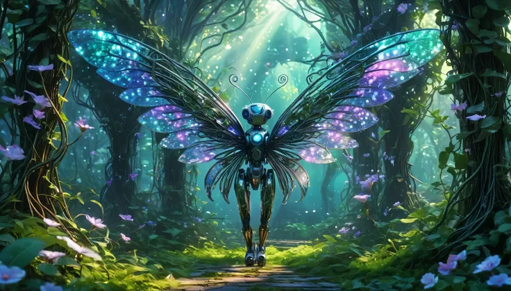 An enchanted glade inhabited by robotic woodland sprites with holographic wings and metallic bodies overgrown with vines of binary blossoms.