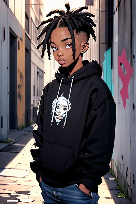 black boy, sweatshirt, beautiful detailed eyes, stylish haircut, urban setting, vibrant colors, street art, graffiti, cool pose,...