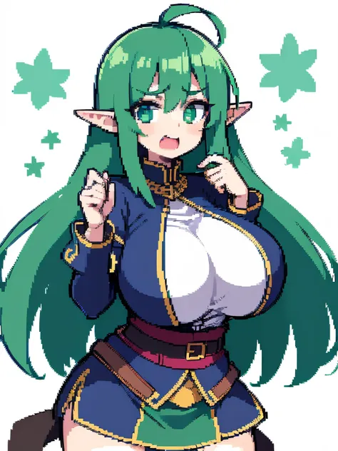 (elf girl:1.5), (closed clothing mini skirt:1.2), (white background:1.3), (gigantic tits:1.2), (solo:1.2), (open short jacket), (green hair  teal eyes)