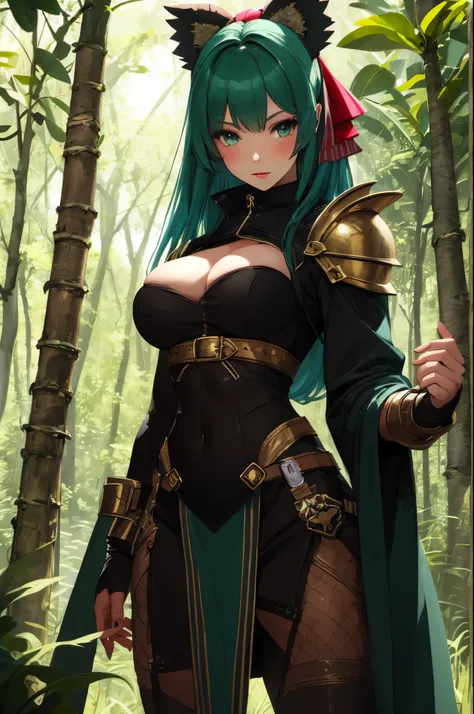 a provocative archer girl whit pink and green hair in a Monster Hunter-inspired pose, with detailed eyes and lips, wearing vibrant and intricate armor and holding a bow and arrow. The artwork is created using a mix of illustration and 3D rendering techniqu...