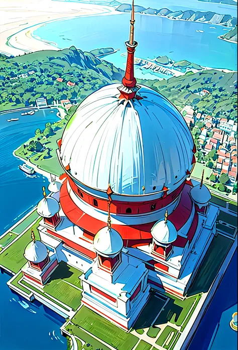 Aerial view of majestic mosque in Indonesia, Decal-type outline, beside the sea, many suburban