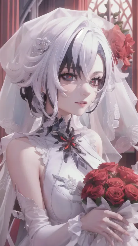 UHD, ccurate, masterpiece, anatomically correct, textured skin, super detail, best quality, 16k, 1080P,SOLO,(1 Female,perfect body, white short hair,light smile),(blue eyes:1.7)(red x-shaped pupils:1.7),(wearing A white wedding dress:1.7)(Wearing a white v...