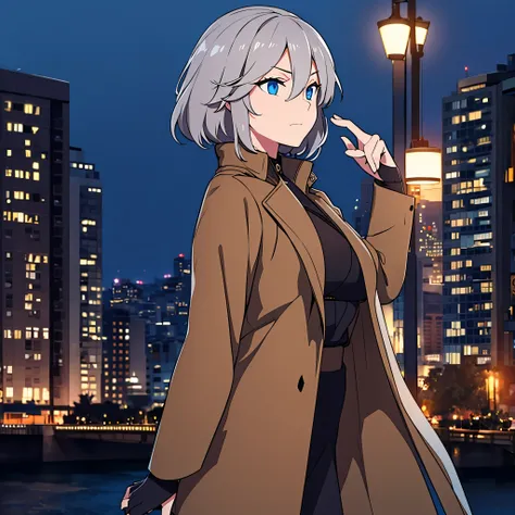 A woman wearing a long brown jacket, blue eyes, gray hair, in the city of Washington at night
