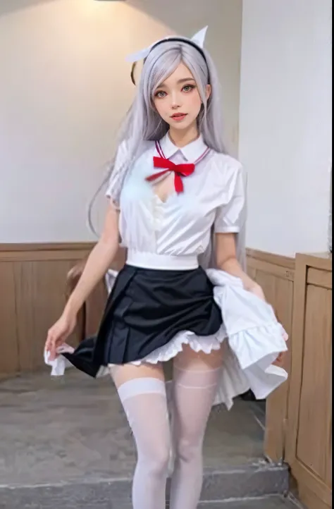 there is a woman in a short skirt and white top posing, thighhighs and skirt, belle delphine, full length and white stockings, wearing skirt and high socks, anime girl in real life, sexy outfit, 🌺 cgsociety, anime barbie in white stockings, white skirt and...