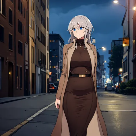 A woman wearing a long brown jacket, blue eyes, gray hair, in the city of Washington at night
