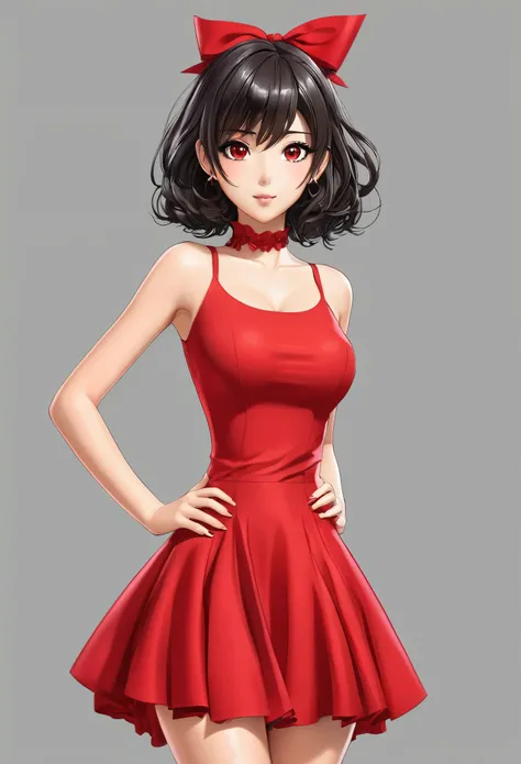 Cartoon feminino, peitos extremamentes muito grandes, vestido vermelho curto e sexy, manga type anime, cabelo longo