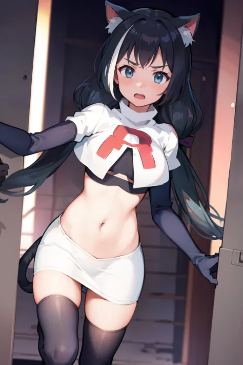 karyl,low twintails, twintails, cat tail,team rocket,team rocket uniform,white skirt,red letter R,crop top,black thigh-highs,black elbow gloves