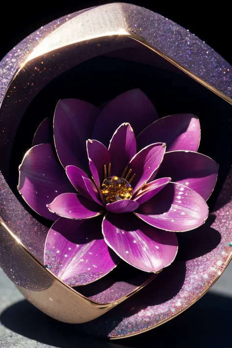 best quality, 32k, RAW photo, incredibly absurdres, extremely detailed, image of a flower made by crushing and stacking (shining metals plated AND shining colorful gems:1.4)