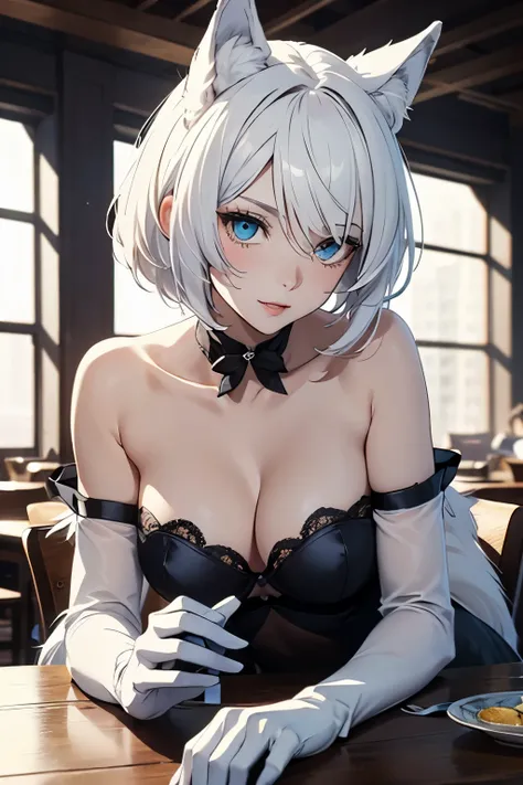 table top　 best image quality　Super vivid　full body portrait　one woman（（adult））　white long glove lunch）（gloves））　白いstockingsランシュ）（stockings））　lingerie（Tube top）　Sexy　expressive（mannerism）　　The hair（hair（short-hair）（Wave）　White hair　eye color is blue　wolf e...