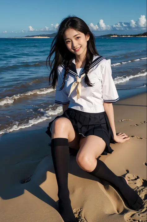 highest quality, angle from below、beautiful japanese girl, Ocean, sandy beach, deserted island, sailor suit, school uniform,No sleeve, (((black pleated skirt))), (black stockings) smile with a sexual expression, chest