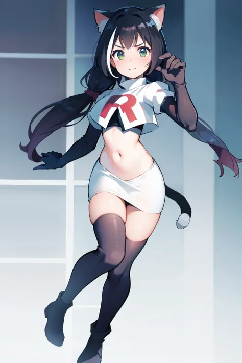 karyl,low twintails, twintails, cat tail,team rocket,team rocket uniform,white skirt,red letter R,crop top,black thigh-highs,black elbow gloves