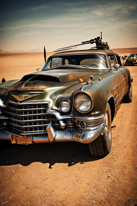 faithful image of an old rusty 1955 cadilac eldorado with spikes and spikes on the hood, military style with modifications, carr...