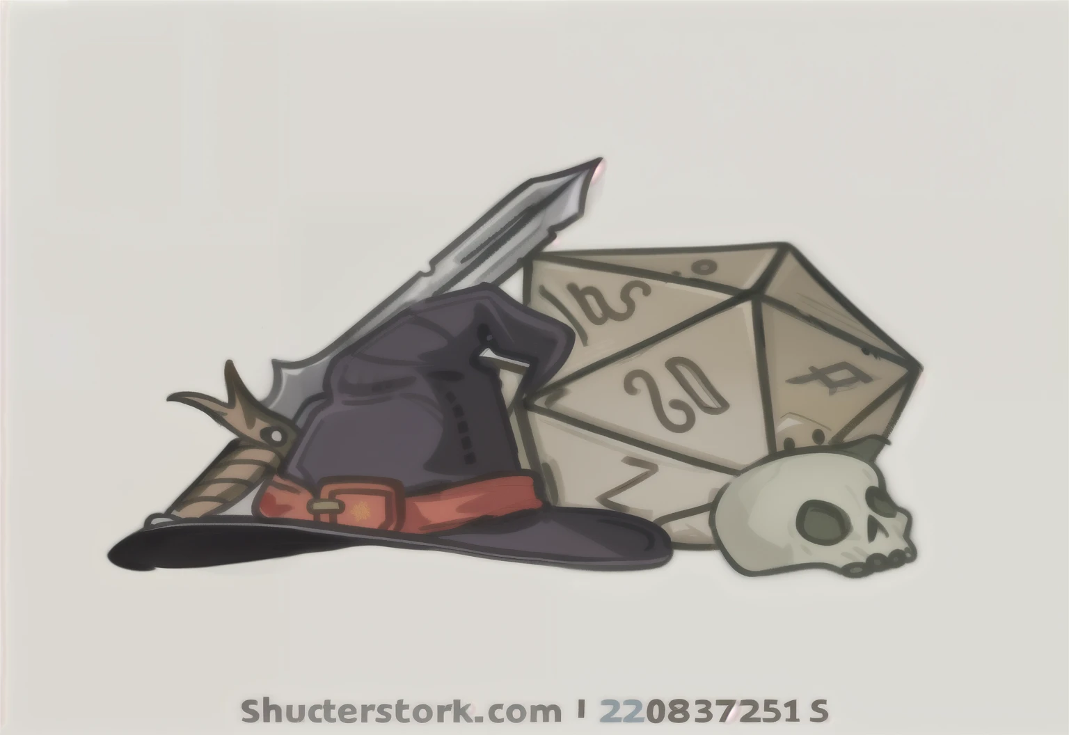 cartoon illustration of a witch hat, un cuchillo, una calavera y un dado, high quality DND Illustration, personaje de dragones y mazmorras, dnpersonaje d, rpg illustration, Estilo Dragones y Mazmorras, color DND Illustration, arte del juego de rol, DND Ill...