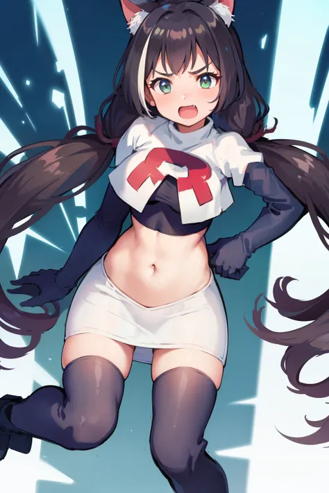 karyl,low twintails, twintails, cat tail,team rocket,team rocket uniform,white skirt,red letter R,crop top,black thigh-highs,black elbow gloves