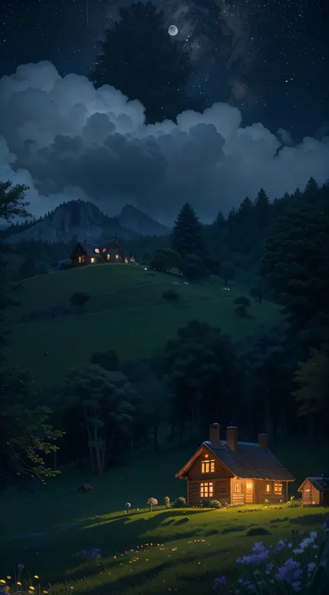 a house in the middle of a meadow, a small house in the middle of a hill, with a big tree, illuminated by moonlight, a night full of stars, moonlight illuminating the house, a simple house, a beautiful night, a tree. 4k hd wallpapers, pixelart, pixel art h...