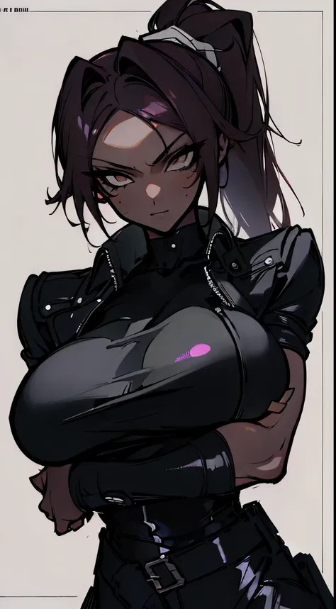 (High resolution), (In 8K), (extreme details), (Best Illustration), (beautiful details), (highest quality), (Masseter muscle part), ( detailed face), ((dark skinned woman)),ponytail、comb one&#39;s hair、one hand is on the waist ((Black Leather Riders Jacket...