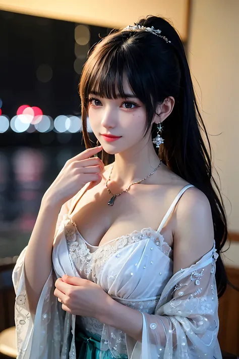 looking at camera， （Extremely exquisite beauty work）， （masterpiece）， 1 girl， Extremely detailed、Elegant wedding dress， There are very detailed， ponytail twist， charming expression， beauty clear eyes， green eye pupils， exquisite necklace， Delicate earrings ...