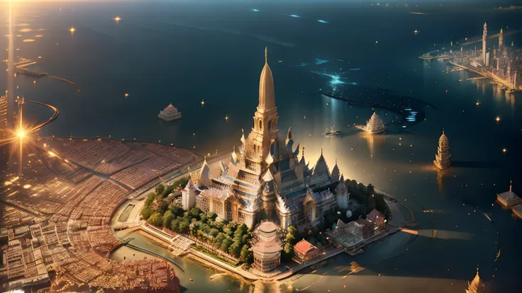 an anime-style aerial view of bangkok, with a focus on the glittering wat arun temple at the heart of the city.
the intricate de...