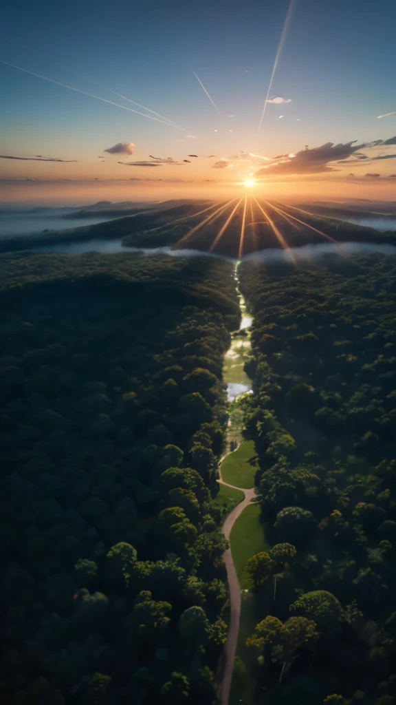 Helicopter shot over the Amazon rainforest, looking down at a vast expanse of greenery, a flock of flamingos gracefully flying in the distance, their pink bodies creating a stunning contrast against the lush background, the sun casting a golden light over ...