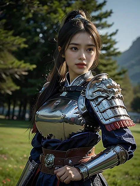 masterpiece，Best quality，HD quality，face close-up，A high resolution，8K，Ancient battlefield background, ((field：1.8))，(Female generals on the battlefield in the Han Dynasty)，18-year-old girl，（long ponytail hairstyle)，cparted lips，Full and erect breasts，Nobl...