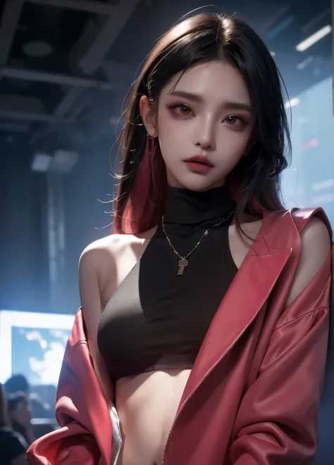 Wear sophisticated streetwear in a cyberpunk style, beautiful, girl, detailed portrait, 4k, Bright colors, concept art, theater atmosphere, Focus sharp, Volumetric lighting, light, Studio quality