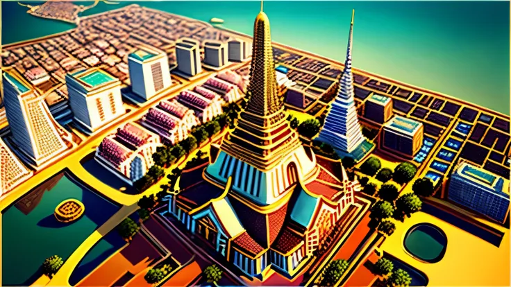 An anime-style aerial view of Bangkok, with a focus on the glittering Wat Arun temple at the heart of the city.
The intricate details of the temples architecture are highlighted in gold, standing majestically along the riverbank.
The surrounding cityscape ...