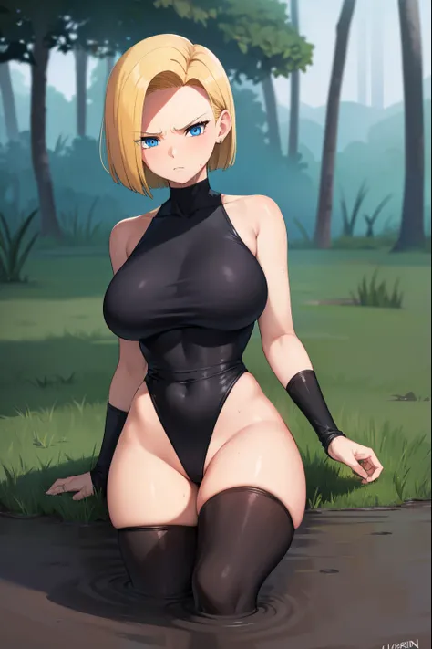 highest quality, High resolution, whole body,AND18, 1 girl, android 18, alone, golden hair, blue eyes, short hair,earrings,big breasts, frown,embarrassed face,Sweat,black leotard, black high leg cut,( drown in the swamp:1.2),Grass,darkness,