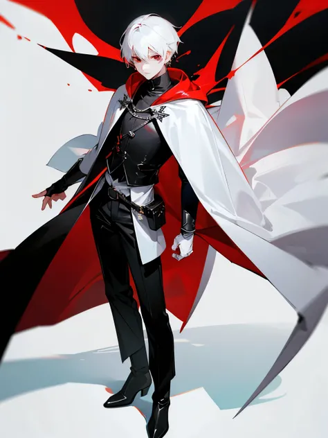 1 boy, short white hair, red eyes, white skin, white hat, long black cloak, black leather pants, black leather boots, black leather fingerless gloves, anime