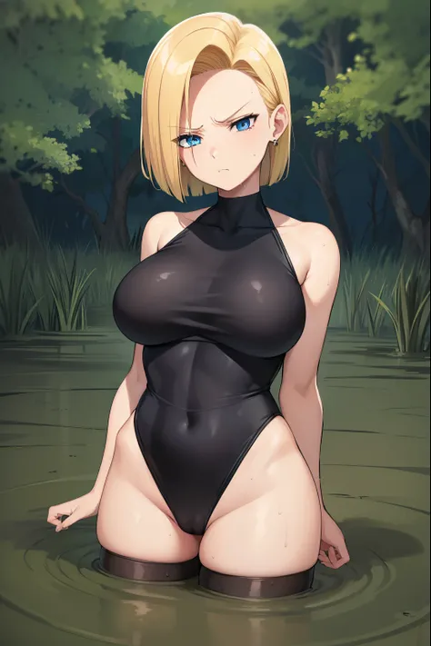 highest quality, High resolution, whole body,AND18, 1 girl, android 18, alone, golden hair, blue eyes, short hair,earrings,big breasts, frown,embarrassed face,Sweat,black leotard, black high leg cut,( drown in the swamp:1.3),night中,night,