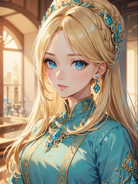 masterpiece，Highest image quality，Beautiful bust of a royal woman，Sophisticated blonde hairstyle，turquoise eyes，Embellished with dazzling intricate jewels，Super details，advanced。