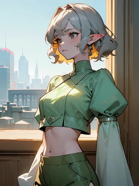 (masterpiece, best quality) detailed, 1Character , blue archive art style , wearing a green crop top , brown shorts , puffy sleeves , elegant , Beautiful woman , pale skin , short hair , wavy hair , silver eyes , elf ears , , athletic build , age 25, , pas...