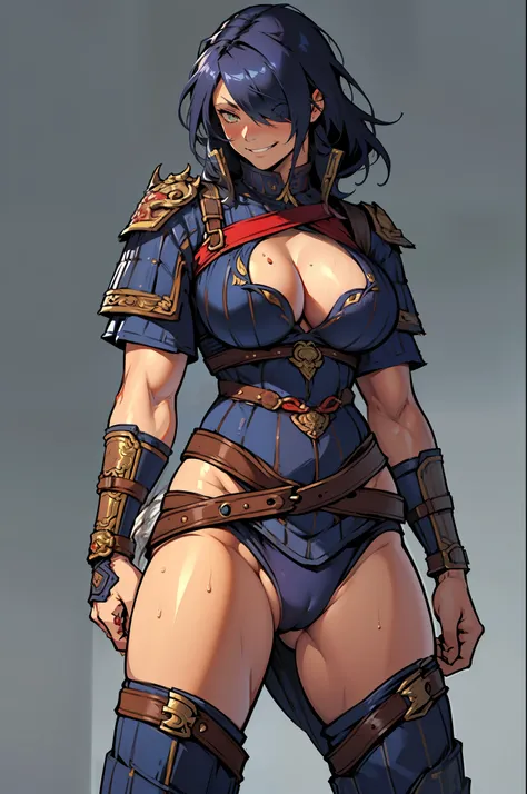 (high resolution, pixel perfect, gorgeous illustrations), (hyper quality, muste piece, etheric: 1.4), ((1girl)), (((((fighting stance))))), (((((pussy))))), ((tattoo)), ((mature woman)), cool atmosphere, (((((hair over one eye))))), ((((evil grin)))), (((b...