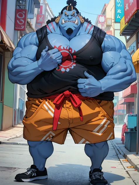 chubby man (jinbei) in street, (blue skin, blue skinned), muscular, pectoral, wide pectoral, beach, palm, realistic, 8k, masterp...