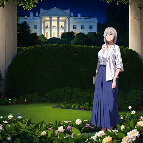  a woman in casual clothes, gray hair, in the garden of the White House in the United States at night