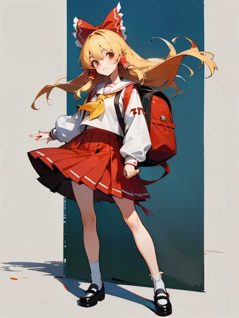 Cartoon of woman holding hat and backpack, 1girl in, Solo, reimu hakurei, School uniform, Just flat, The hair , Skirt, shoes, serafuku, sox, mary janes, alternate costume, Long sleeves, a blond, Full body, Looking at Viewer, Long hair, street level backgro...